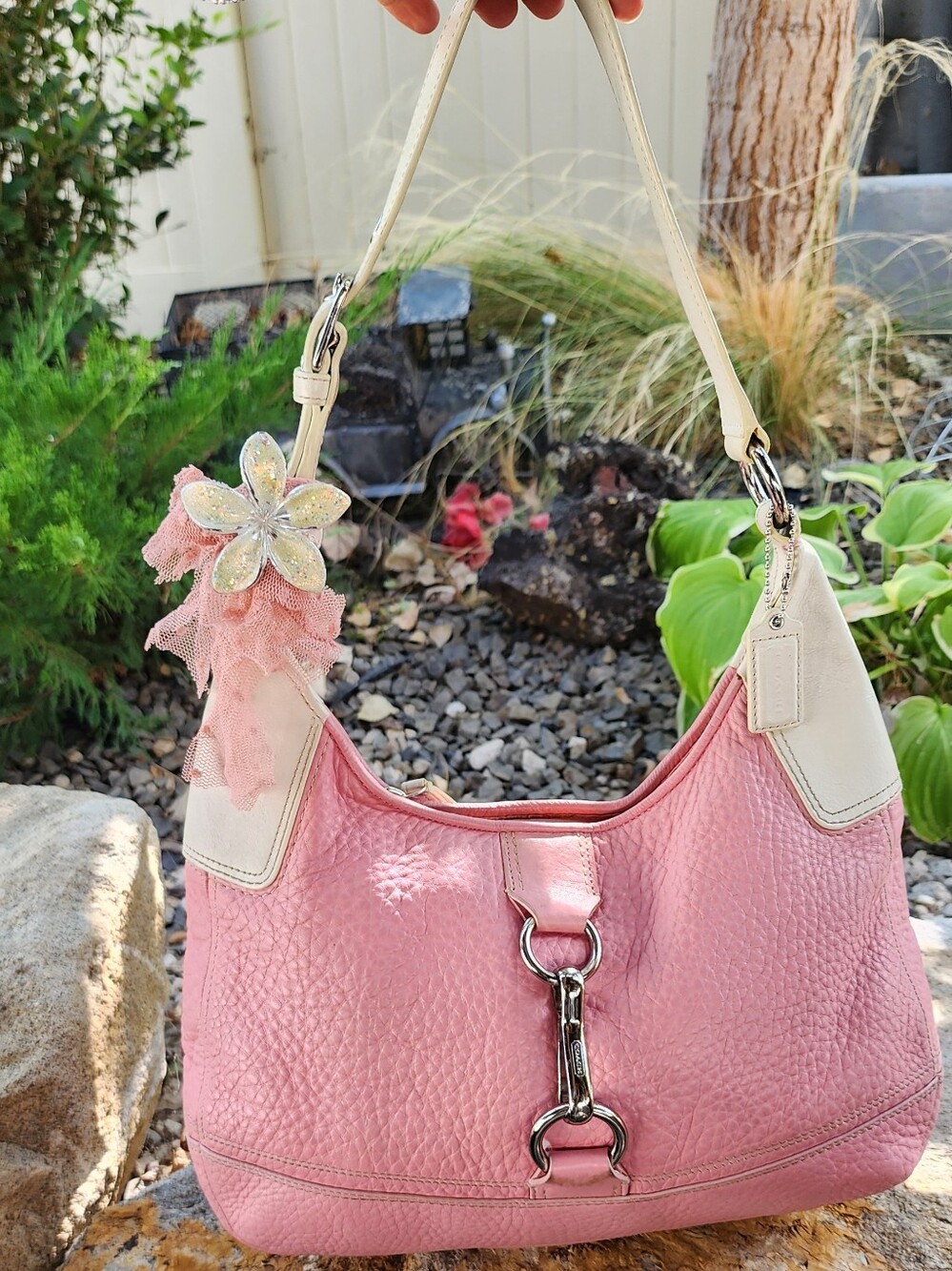 Coach Pink Leather Shoulder Bag with Cream Straps